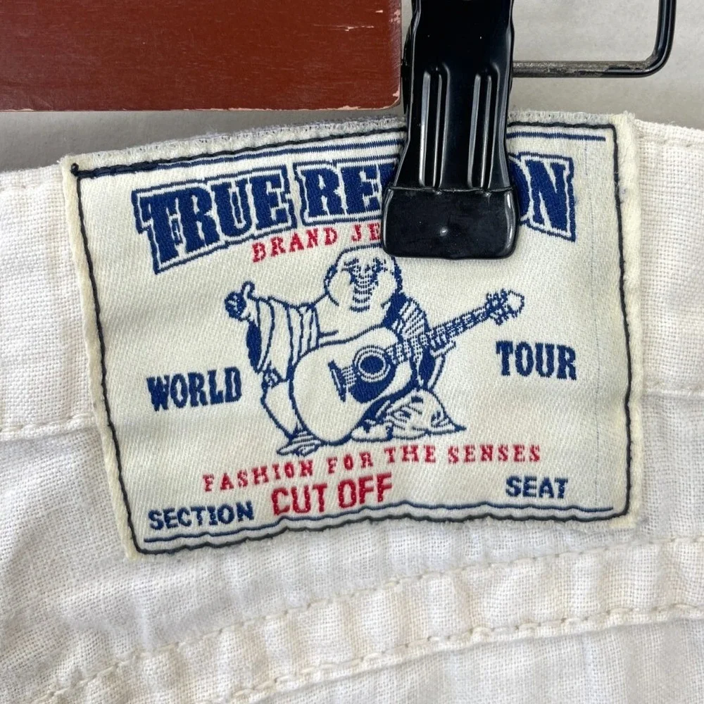 True Religion Flap Pocket Shorts Mens 28 Cream Linen Bermuda Summer Casual